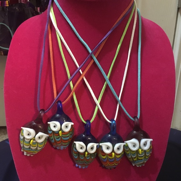 glass owl necklace leather new handmade - Picture 4 of 4